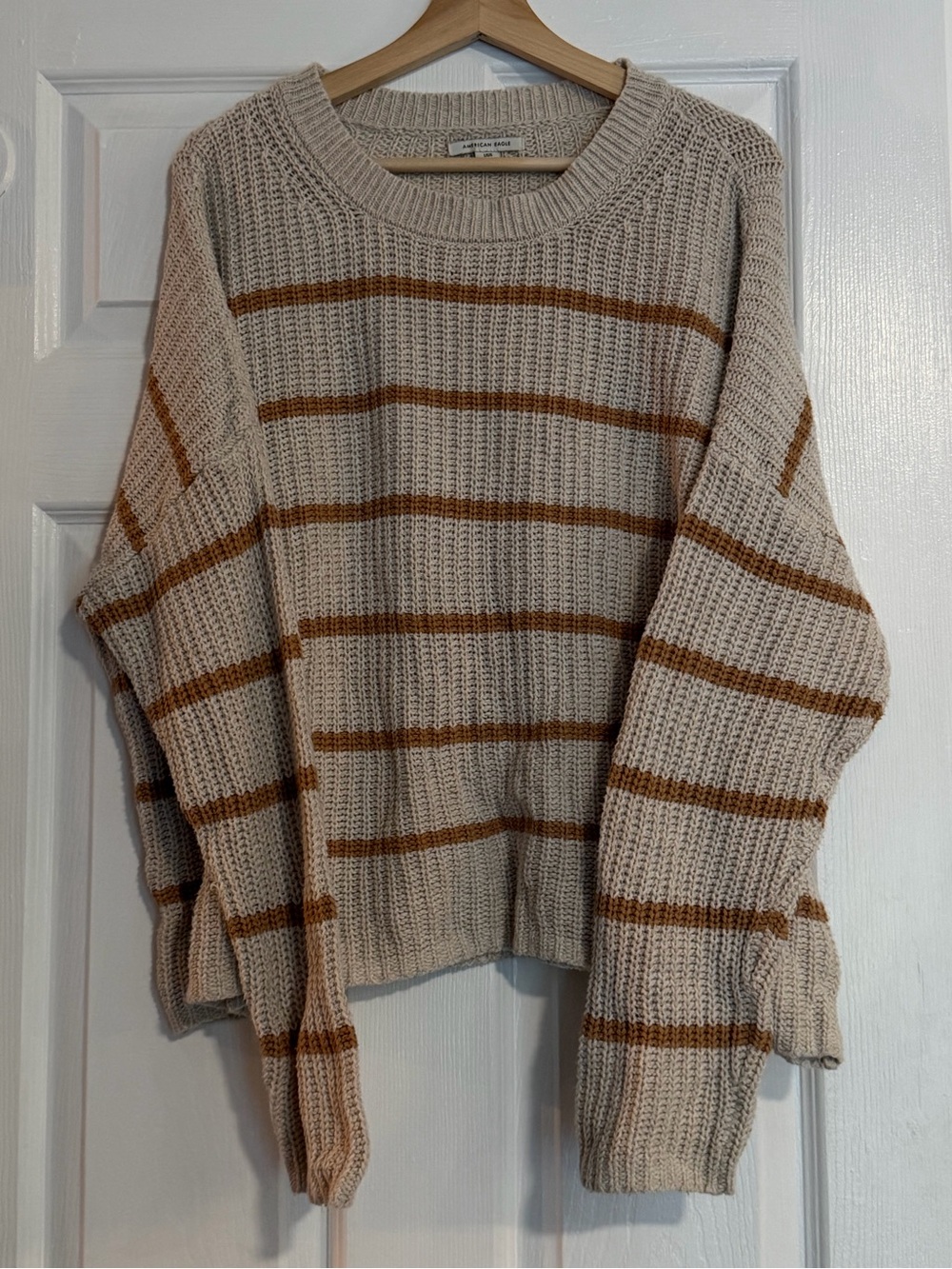 American Eagle Beige Sweater with Brown Stripes